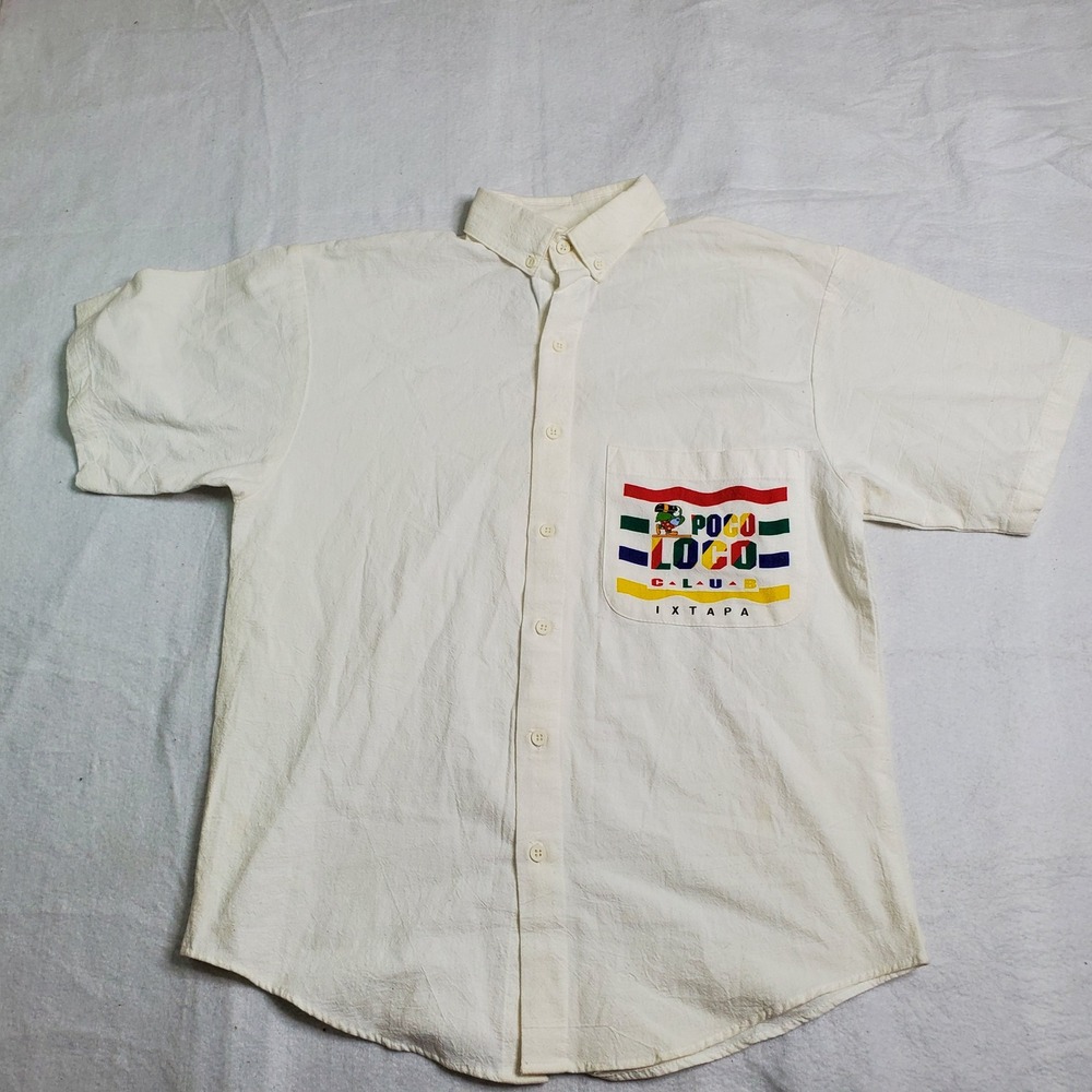 Poco Loco Mens Button Up Shirt Cream Ixtapa Mexico Club Graphic Pocket VTG Sz M
